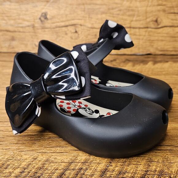 Mini Melissa Black Peep Toe Minnie Mouse Mary Jane flats shoes size 6 - Picture 1 of 7